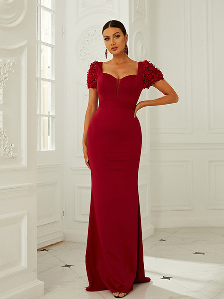 Shop 2023 ANNAKOO Short Sleeve Burgundy Spandex Trumpet Mermaid Prom Dress Under 99