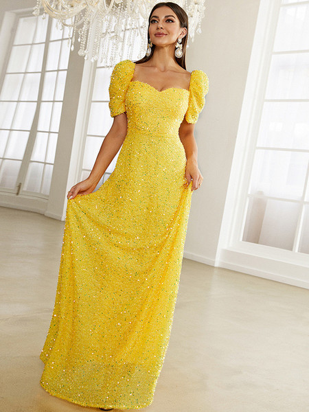 Shop 2023 ANNAKOO Yellow Short Sleeve Sequin A Line Prom Dress Under 129