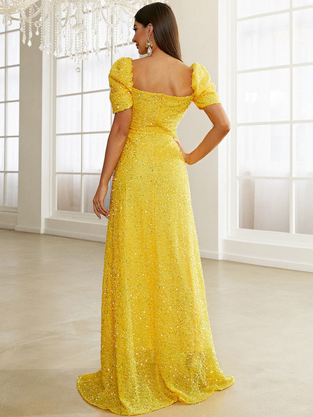 Shop 2023 ANNAKOO Yellow Short Sleeve Sequin A Line Prom Dress Under 129