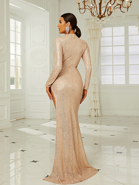 Shop 2023 ANNAKOO Gold Sequin Cut Out Trumpet Mermaid Long Sleeve Prom Dress Under 128