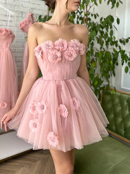 Shop 2023 Annakoo Pink Strapless Flower Tulle Short Mini Homecoming Dress Under 168
