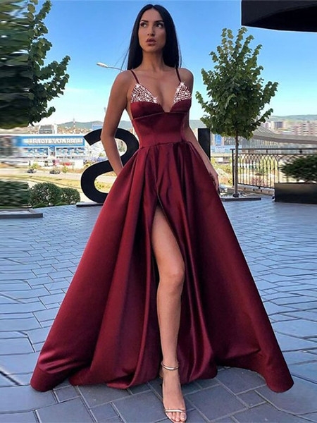 Shop 2023 ANNAKOO Spaghetti Strap Satin Prom Dress with Beading Slit  Under 123