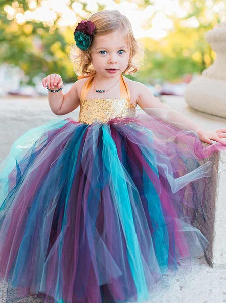  Sequins Ball Gown Halter Multi Color Tulle Flower Girl Dress