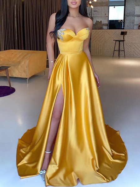 Shop 2023 ANNAKOO Gold A Line Beading Sweetheart Satin Prom Dress With Slit Under 147