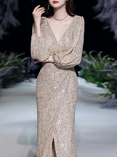 Shop 2023 ANNAKOO Gold Long Sleeve Sheath Column Sequin Prom Dress With Slit Under 123