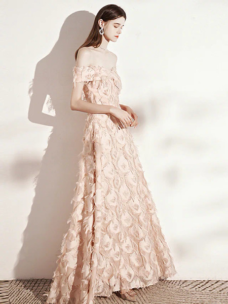 Shop 2023 ANNAKOO Off The Shoulder Champagne Feather Long Prom Dress Under 132