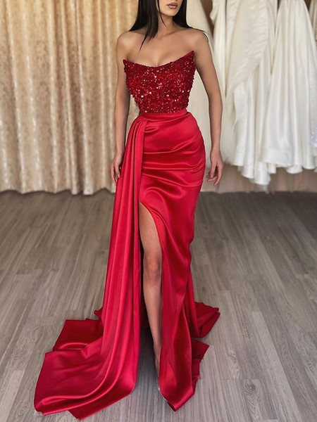 Shop 2023 ANNAKOO Strapless Burgundy Satin Long Mermaid Style Prom Dress Under 168