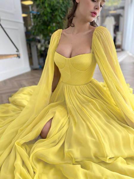 Shop 2023 ANNAKOO Yellow Long Sleeve Sweetheart Chiffon Prom Dress With Slit Under 189