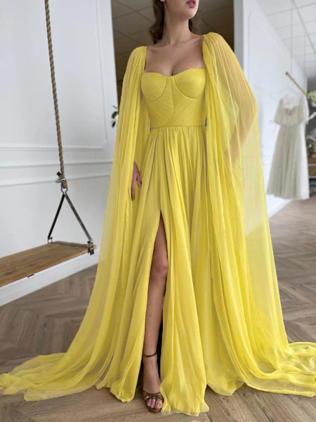 Shop 2023 ANNAKOO Yellow Long Sleeve Sweetheart Chiffon Prom Dress With Slit Under 189