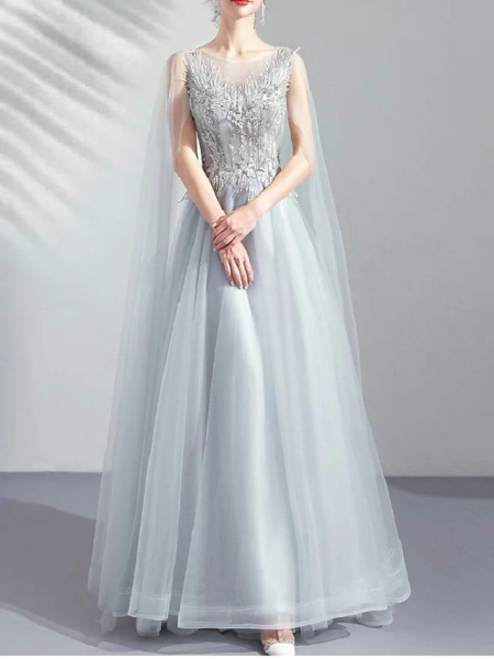 Shop 2023 ANNAKOO Gray Long Sleeve Tulle Beading Lace Up A Line Prom Dress Under 158
