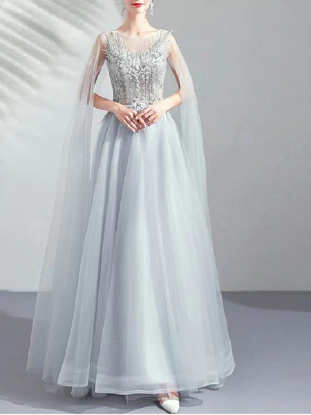 Shop 2023 ANNAKOO Gray Long Sleeve Tulle Beading Lace Up A Line Prom Dress Under 158