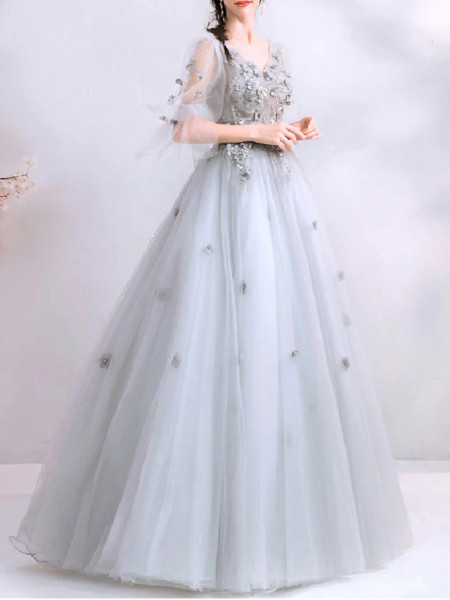Shop 2023 ANNAKOO Gray Floral Half Sleeve Appliques V Neck Prom Dress Under 168