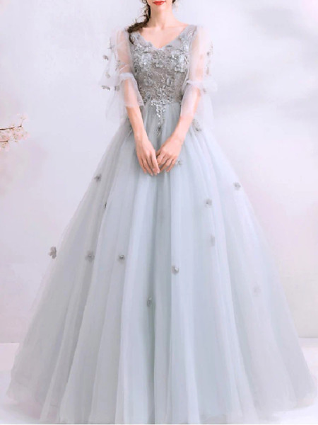 Shop 2023 ANNAKOO Gray Floral Half Sleeve Appliques V Neck Prom Dress Under 168