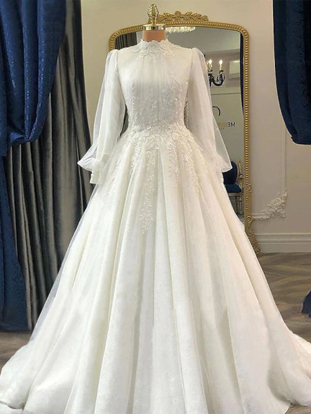 Shop 2023 ANNAKOO High Neck Long Sleeves Tulle Appliques Wedding Dress Under 168