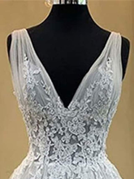 Shop 2023 ANNAKOO V Neck  Lace Tulle Sleeveless Appliues Gray Wedding Dress Under 167