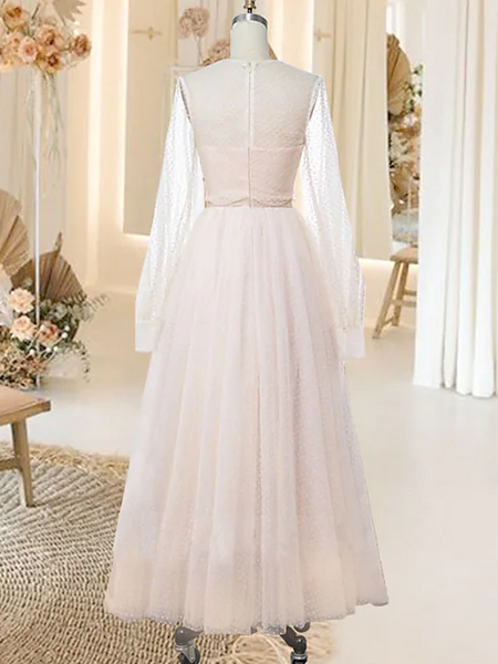 Shop 2023 ANNAKOO Long Sleeve Scoop Tea Length Tulle Wedding Dress Under 129