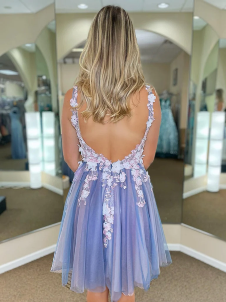 Shop 2023 Floral V Neck Blue Backless Homecoming Dress Under 134