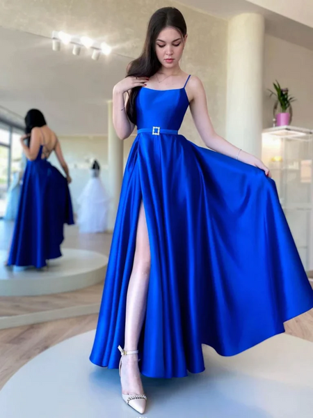 Shop 2023 ANNAKOO Backless Royal Blue Satin Long Prom Dress with High Slit Under 145