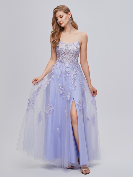 Shop 2023 ANNAKOO Lavender V Neck Tulle Appliques Prom Dress With Slit Under 148