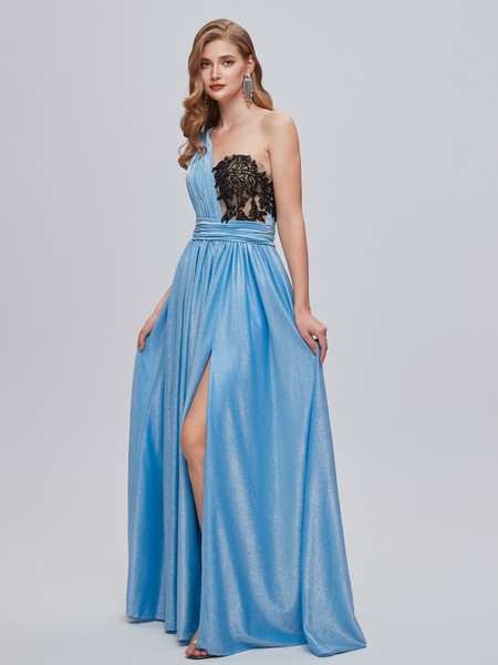 Shop 2023 ANNAKOO Blue & Black Single Shouler Long Prom Dress With Slit Under 158