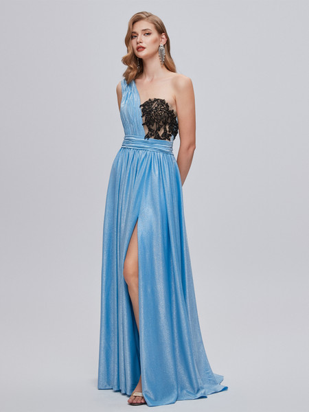 Shop 2023 ANNAKOO Blue & Black Single Shouler Long Prom Dress With Slit Under 158
