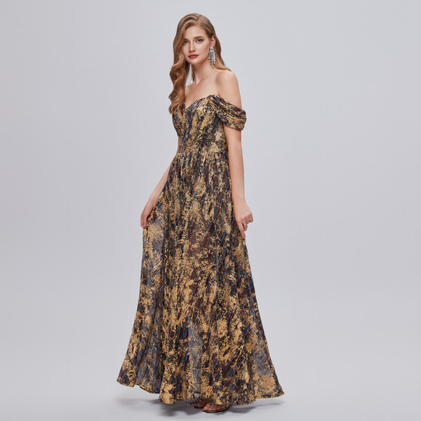 Shop 2023 ANNAKOO Night Sky Gold Sequin Tulle Off The Shoulder Prom Dress Under 198