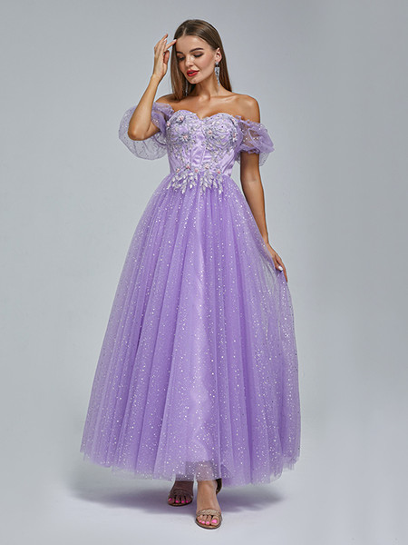 Shop 2023 ANNAKOO Off The Shoulder Tulle Lavender Short Sleeve Prom Dress Under 188