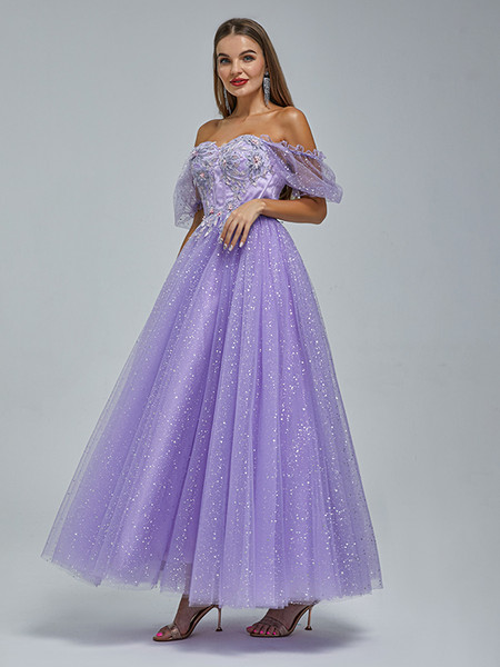 Shop 2023 ANNAKOO Off The Shoulder Tulle Lavender Short Sleeve Prom Dress Under 188