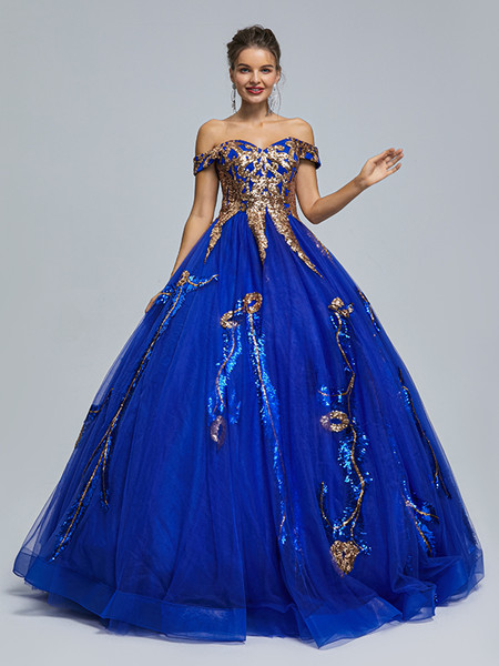Shop 2023 ANNAKOO Off The Shoulder Blue Tulle Appliques Prom Quinceanera Dress Under 298