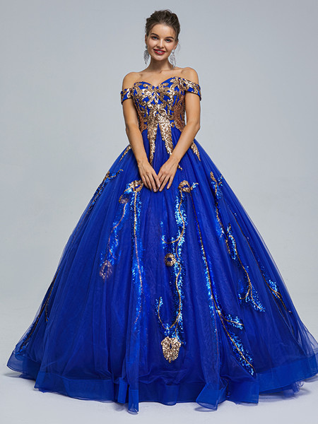 Shop 2023 ANNAKOO Off The Shoulder Blue Tulle Appliques Prom Quinceanera Dress Under 298