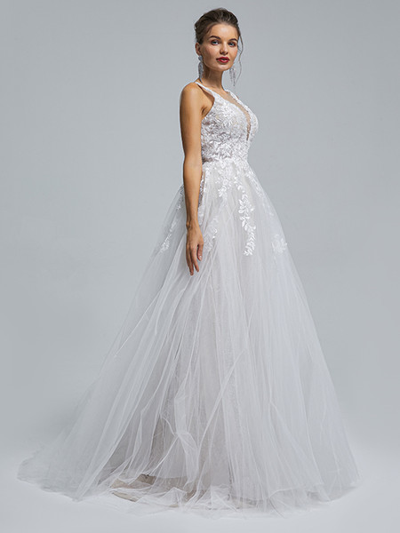 Shop 2023 ANNAKOO V Neck Beading Appliques Tulle Romantic Wedding Dress Under 245