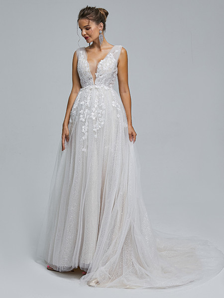 Shop 2023 ANNAKOO Floral Appliques V Neck Lace Up Tulle Wedding Dress Under 245