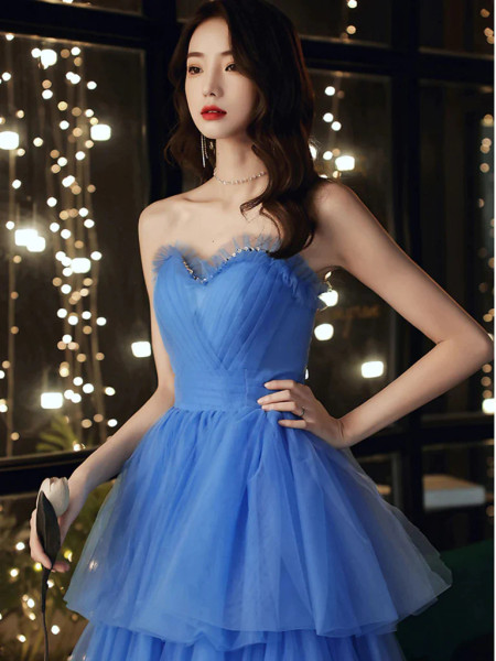 Shop 2023 ANNAKOO Lace Up Sweetheart Layered Blue Tulle Long Prom Dress Under 188
