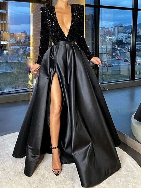 Shop 2023 ANNAKOO V Neck Long Sleeve Satin Green Prom Dress With Slit Under 158