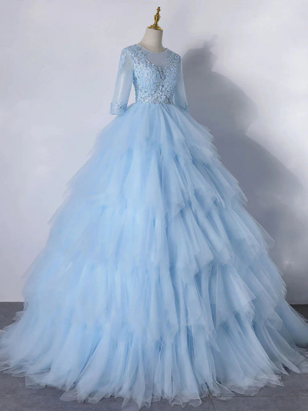 Shop 2023 ANNAKOO Blue Long Sleeve Tulle Pleats Appliques Prom Dress Under  197