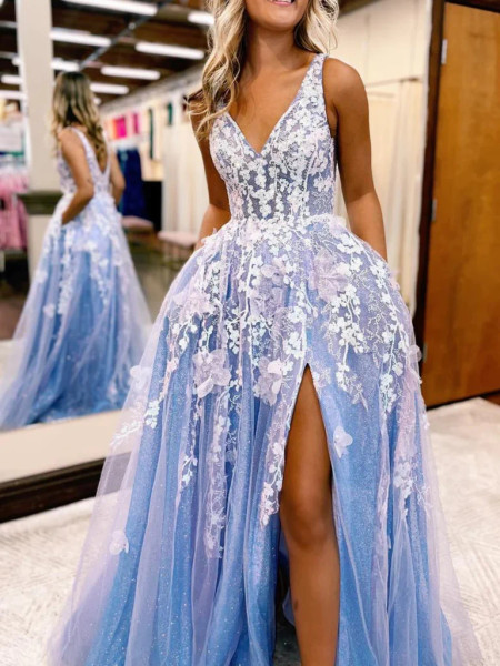 Shop 2023 ANNAKOO Blue V Neck Appliques Flower Tulle Prom Dress With Slit Under 199