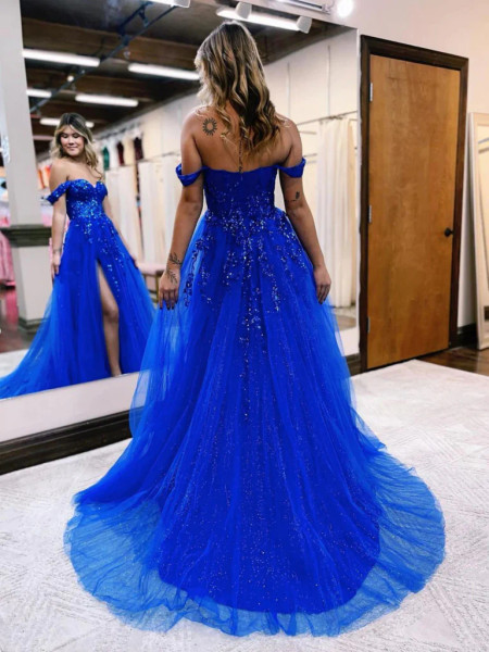 Shop 2023 ANNAKOO Off The Shoulder Blue Appliques A Line Prom Dress Under 154