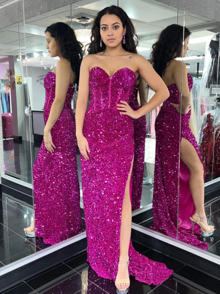 Shop 2023 ANNAKOO Fuchsia Sequin Sweetheart Long Sheath Column Prom Dress With Slit Under 166