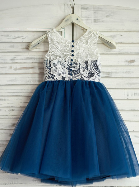 Simple Navy Blue A-Line Jewel Flower Girl Dress with Lace