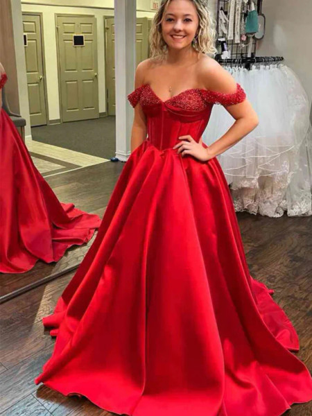 Shop 2023 ANNAKOO Red Off The Shoulder Satin A Line Formal Prom Dress Under 168