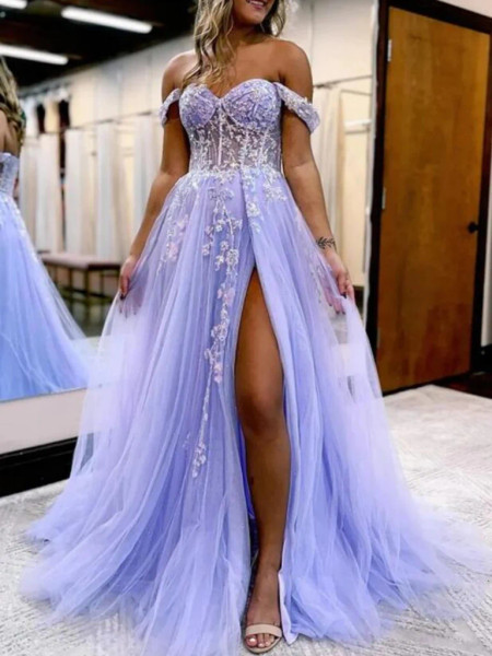 Shop 2023 ANNAKOO Off Shoulder Purple Lace Long Prom Dresses with High Slit Under 179
