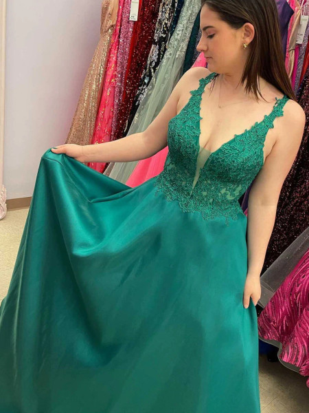 Shop 2023 ANNAKOO V Neck Backless Satin Sheer Green Lace Long Prom Dress Under 168