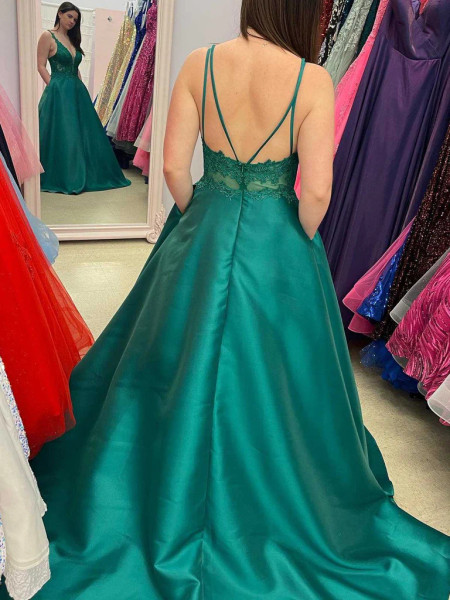 Shop 2023 ANNAKOO V Neck Backless Satin Sheer Green Lace Long Prom Dress Under 168