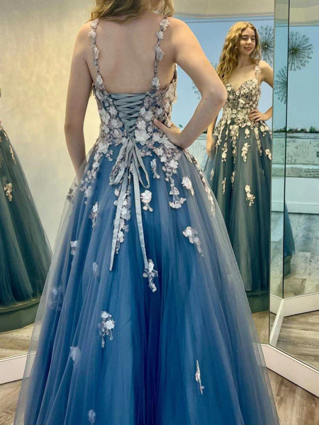 Shop 2023 ANNAKOO Tulle Blue Floral V Neck Appliques Formal  Prom Dess Under 168