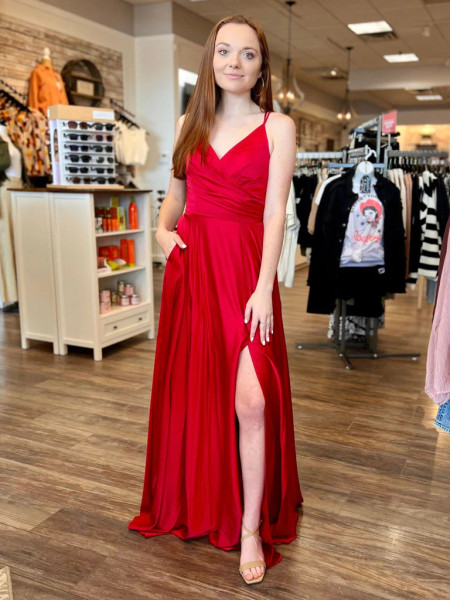 Shop 2023 ANNAKOO Simple V Neck Red Satin Long Prom Dress with Leg Slit Under 99