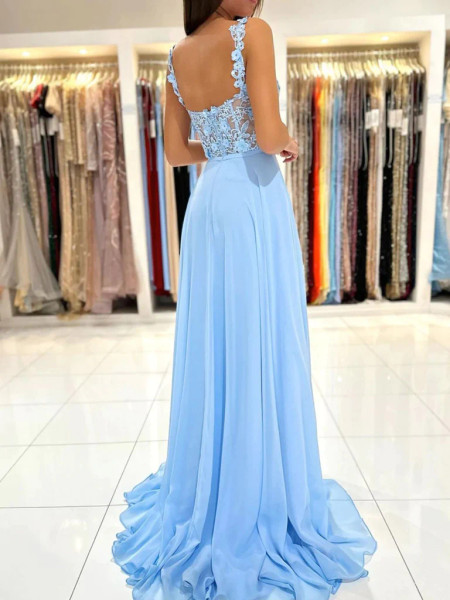 Shop 2023 ANNAKOO Blue Straps See Through Appliques Chiffon Prom Dress With Slit Under 150