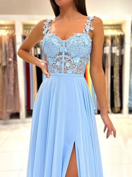 Shop 2023 ANNAKOO Blue Straps See Through Appliques Chiffon Prom Dress With Slit Under 150