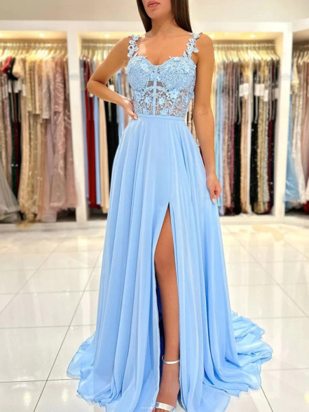 Shop 2023 ANNAKOO Blue Straps See Through Appliques Chiffon Prom Dress With Slit Under 150
