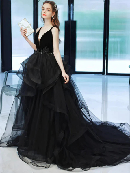 Shop 2023 ANNAKOO  V Neck Open Back Black Tulle Ruffles Long Prom Dress Under 158