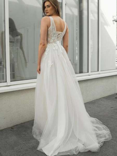 Shop 2023 ANNAKOO V Neck Appliques Lace Up Beach Outdoor Wedding Dress Under 168